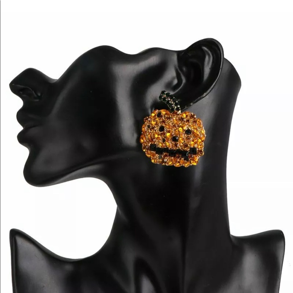 Crystal Halloween Pumpkin Earrings, Orange Pumpkin Bling Earrings